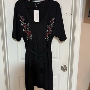 BloomChic Black Dress with Red Floral Embroidery